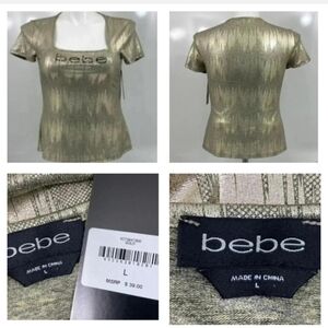 💙🐾BEBE metalic gold short sleeve square neck top